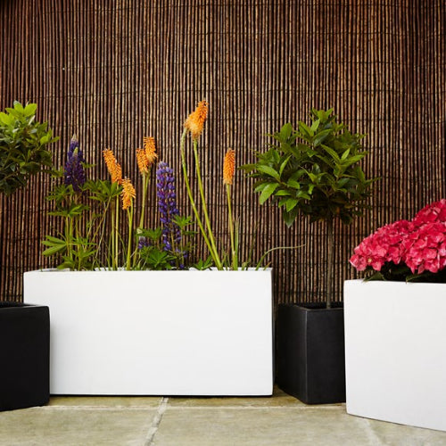 polystone planter white with plants
