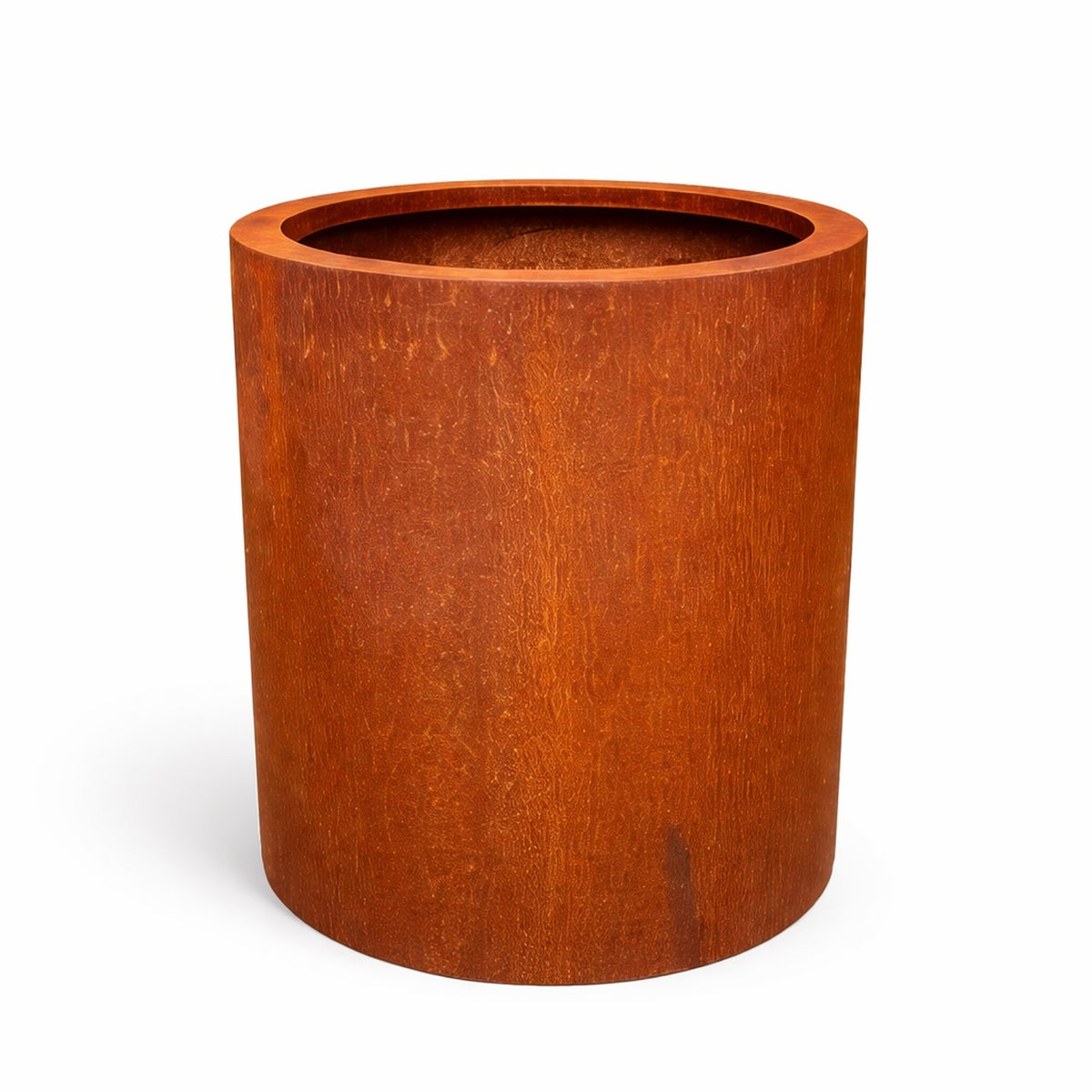 Corten steel cylindrical planter with rusted patina, tall outdoor metal plant pot on white background