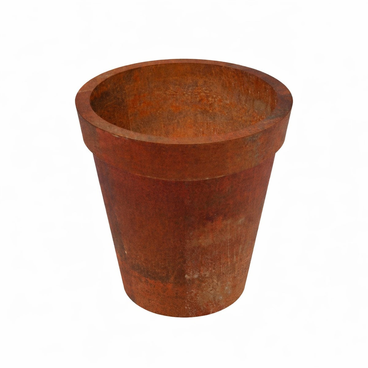 Corten steel flower pot with natural rust patina, modern outdoor garden planter