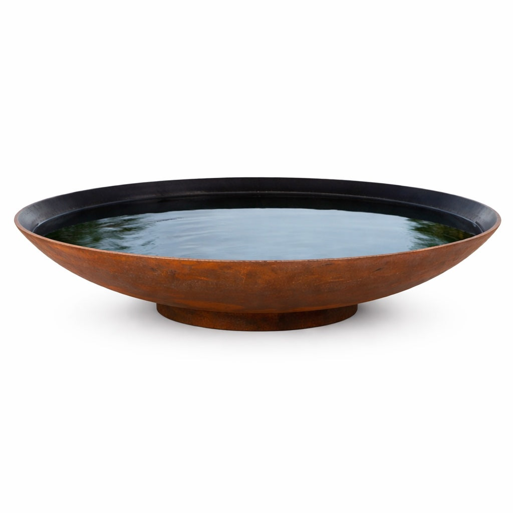 Corten steel lined water bowl used as a garden water feature, contemporary landscape design with wildlife-friendly water bowl
