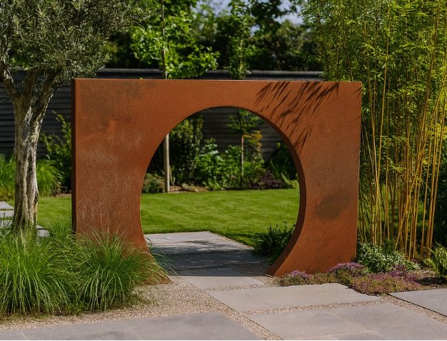 Corten Steel Arch Entrance in Garden architectural feature moon gate