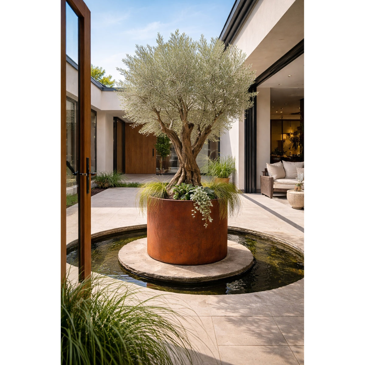 Large corten steel cylinder planter in modern architectural courtyard for designers and architects
