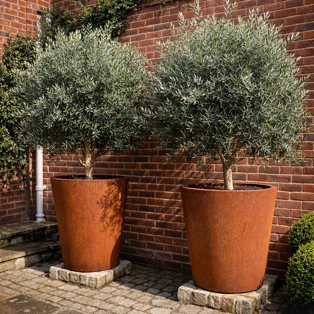 Olive Trees in Corten Steel Planters and Pots for Entrance way