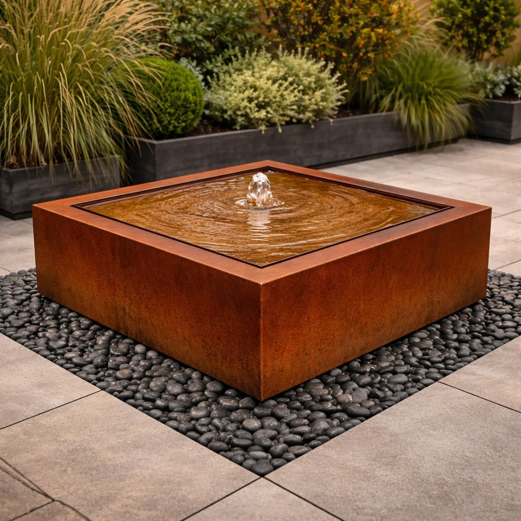 Corten steel square water feature fountain on modern patio with black river stones and central bubbling water, luxury garden design UK