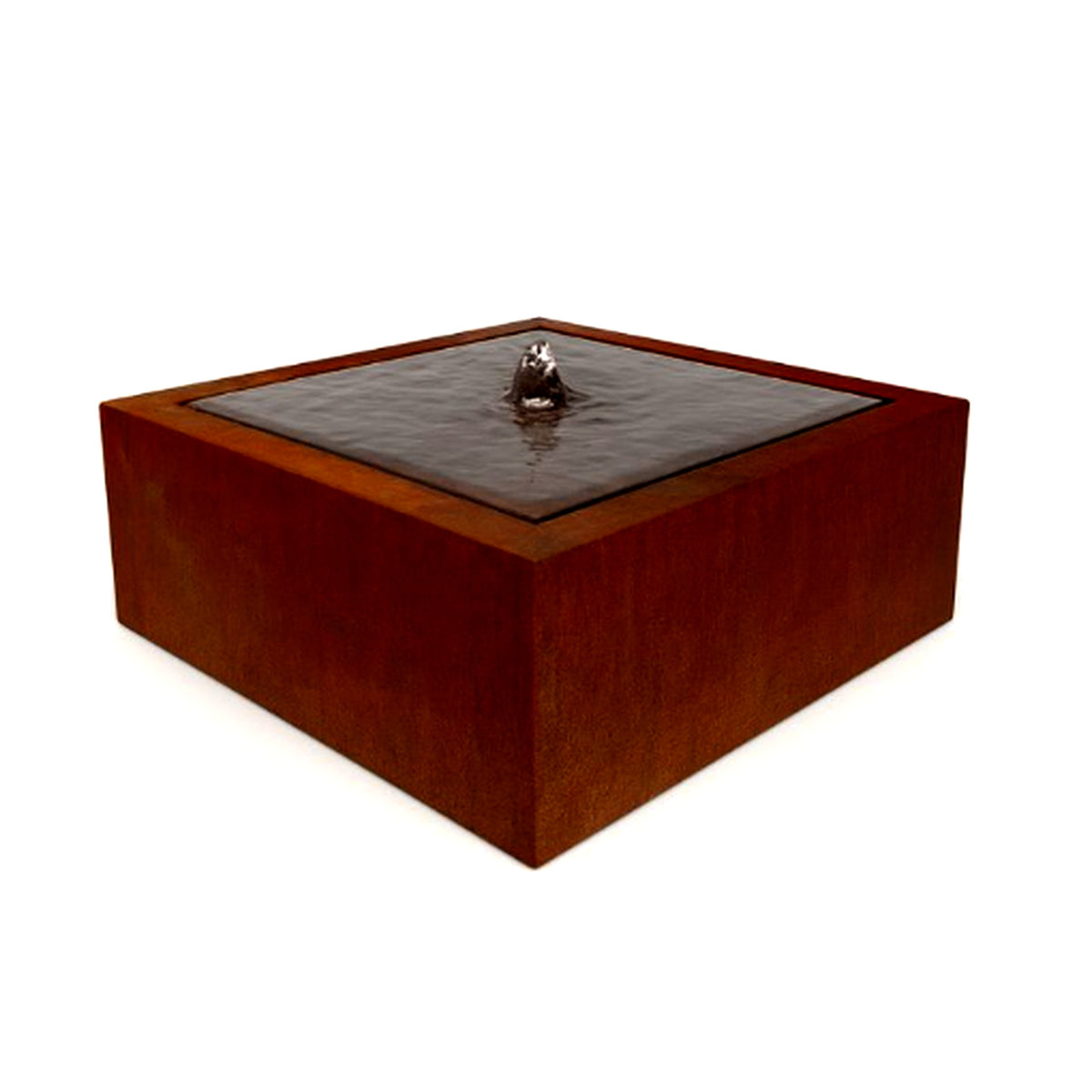 corten steel square water feature with bubbling water and LED light