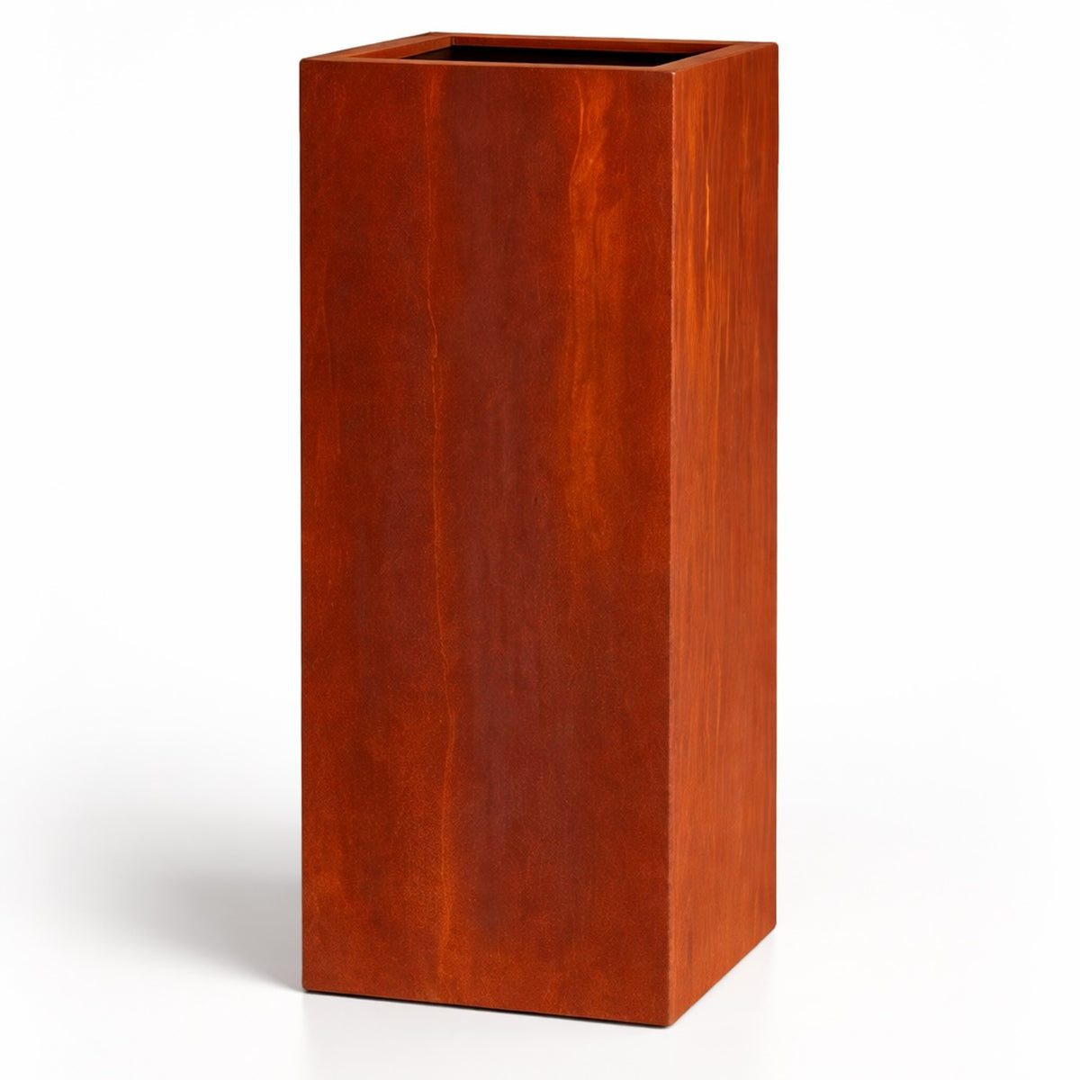 Tall corten steel box planter with weathered rust finish for terraces and patios