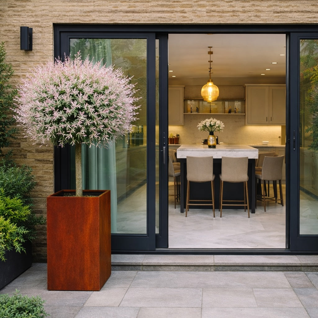 Tall corten steel planter with Salix Flamingo tree positioned beside patio doors on a modern terrace
