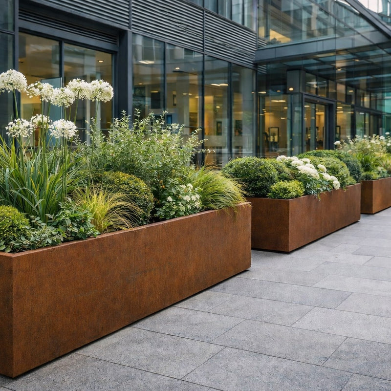 Weathering steel planters for commercial and office landscaping