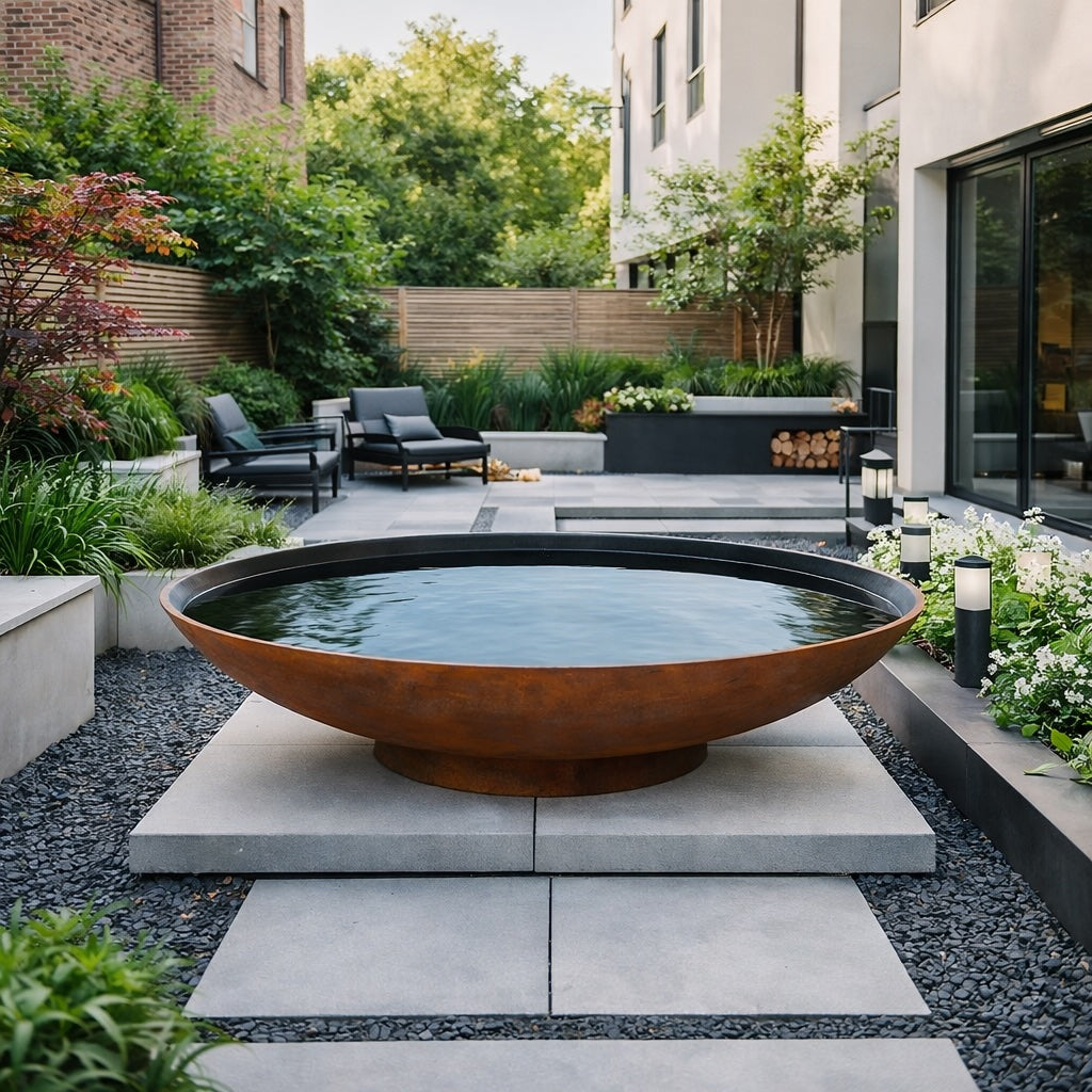 Corten steel lined water bowl in a contemporary urban garden, modern garden water feature for landscape design