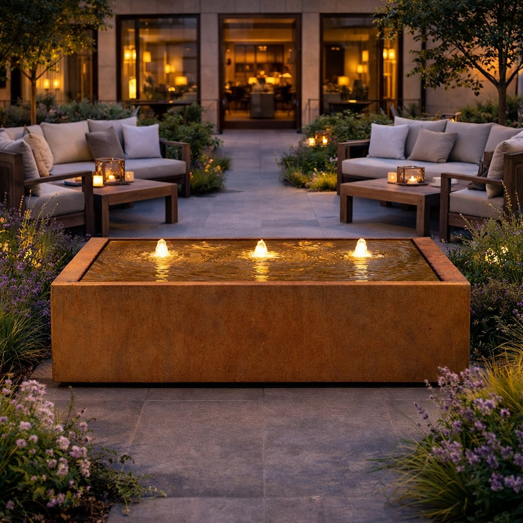 Illuminated Corten steel water table fountain in luxury hotel courtyard – premium outdoor water feature for hospitality, boutique hotels and commercial developments
