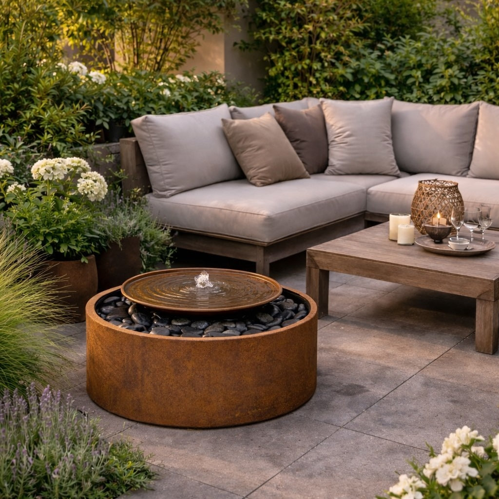 corten steel fountain on terrace