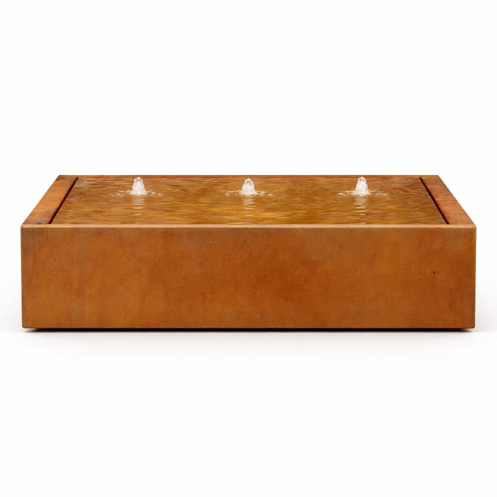 Corten steel rectangular water table fountain with LED jets – contemporary commercial outdoor water feature for architects, landscape designers and hospitality projects