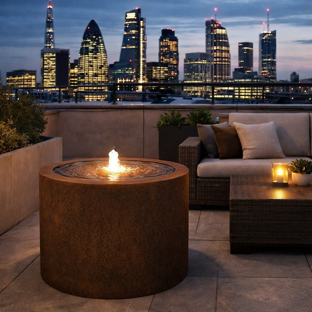 Luxury corten steel water table fountain with LED light on a modern London rooftop terrace overlooking skyline, ideal for high-end garden design, hotels, and outdoor seating areas