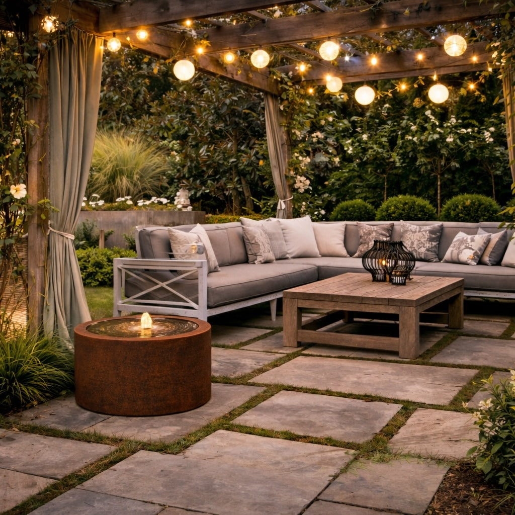 Luxury corten steel water table fountain in a modern pergola garden with outdoor sofa seating and ambient lighting, ideal for high-end UK garden design, hotels, and patio spaces