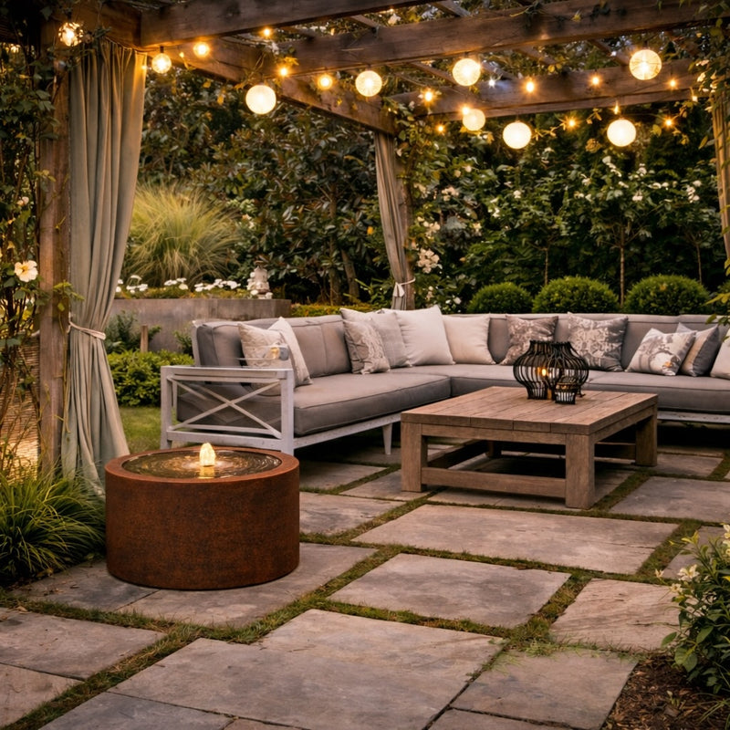 Luxury corten steel water table fountain in a modern pergola garden with outdoor sofa seating and ambient lighting, ideal for high-end UK garden design, hotels, and patio spaces