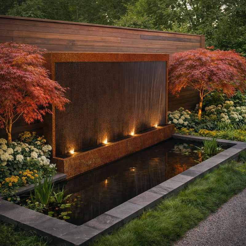 Corten steel water wall fountain with pond and Japanese maples in luxury landscaped garden
