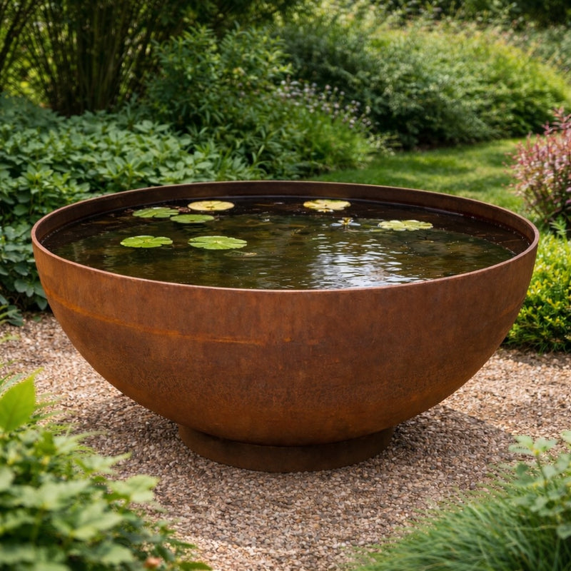 Architectural corten steel water bowl for courtyards, terraces and public realm landscaping