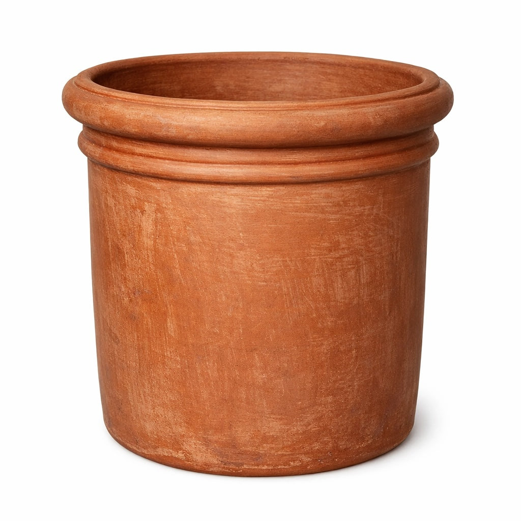 Large hand-thrown terracotta cylinder planter pot for outdoor garden and patio