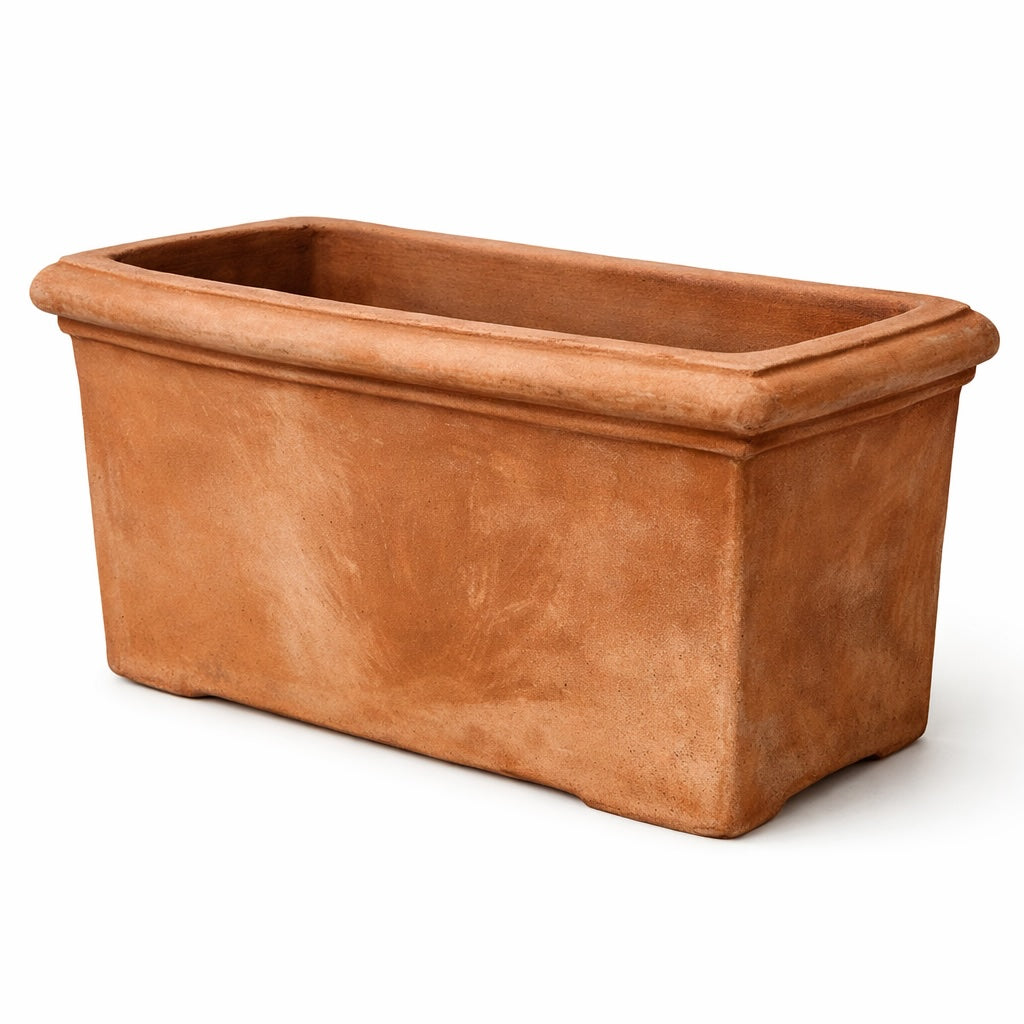 Hand-thrown terracotta rectangular planter with natural patina, luxury artisan pottery for outdoor garden styling