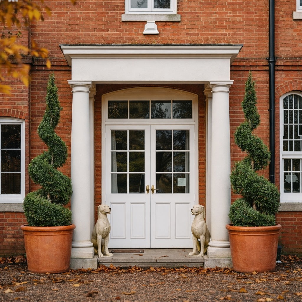 Large terracotta planters with spiral topiary at grand country house entrance UK