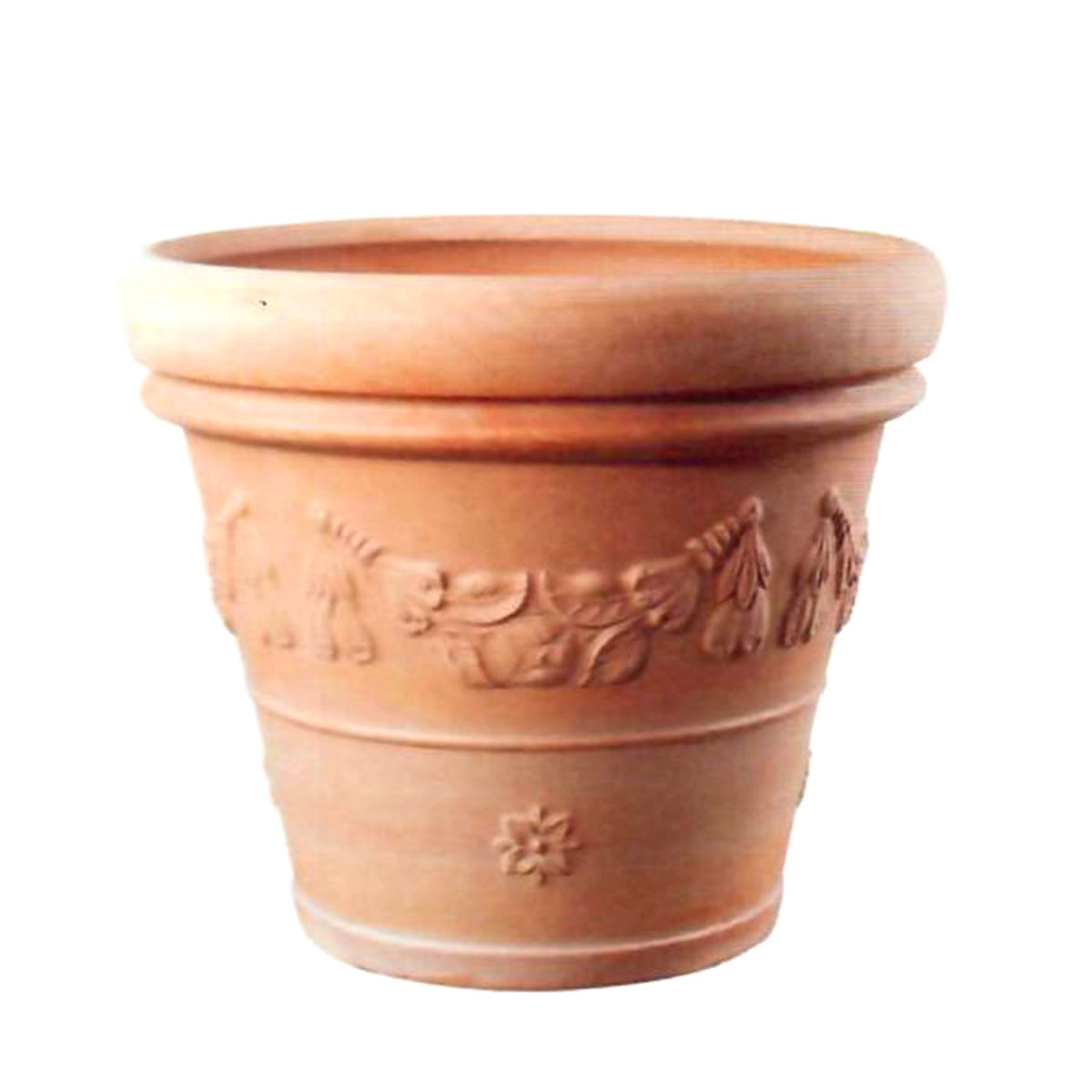Large decorative terracotta planter with classical banding detail for outdoor garden or patio use