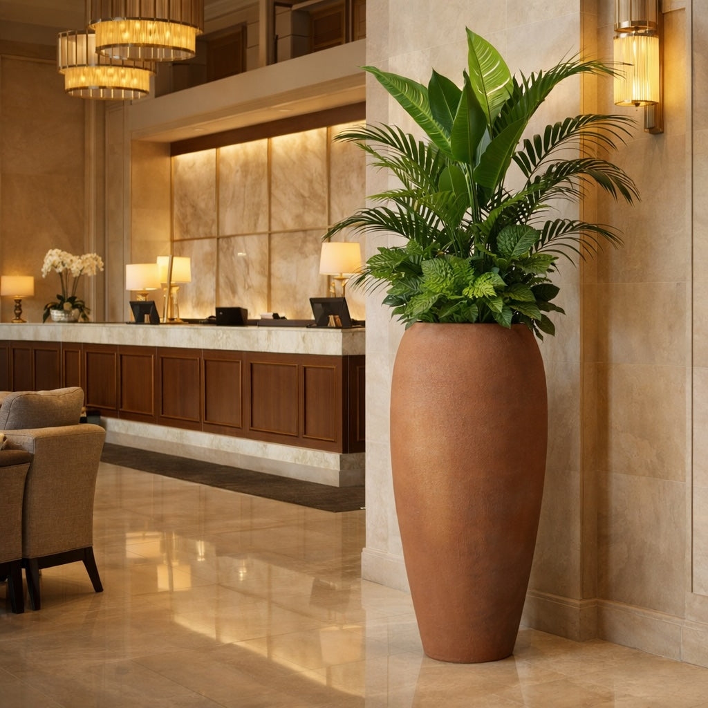 Commercial large terracotta planter styled in hotel reception lobby for hospitality, restaurants and interior design projects