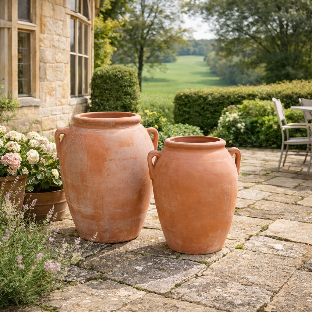 Pair of large terracotta olive jar planters on traditional Cotswold stone terrace overlooking English countryside garden