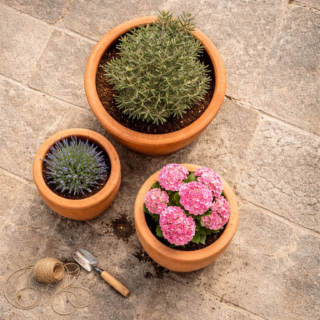 Large terracotta planters UK in Tuscan style with lavender, hydrangea and olive planting on stone terrace, premium outdoor garden pots