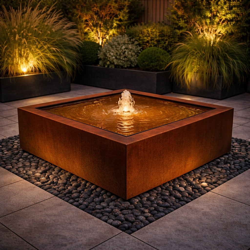 square corten steel water feature on terrace with night lights and rippling fountain