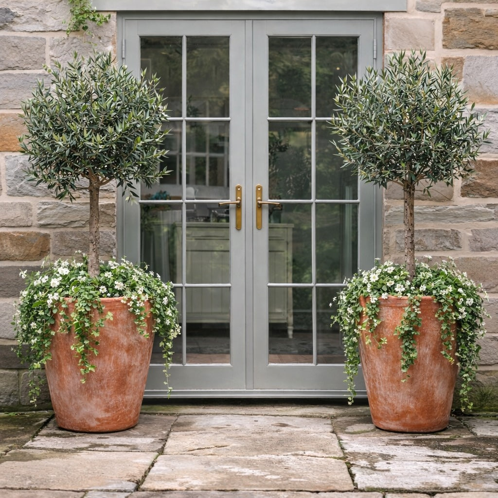 Luxury terracotta Long Tom planters with olive trees flanking a contemporary glass garden entrance in the UK