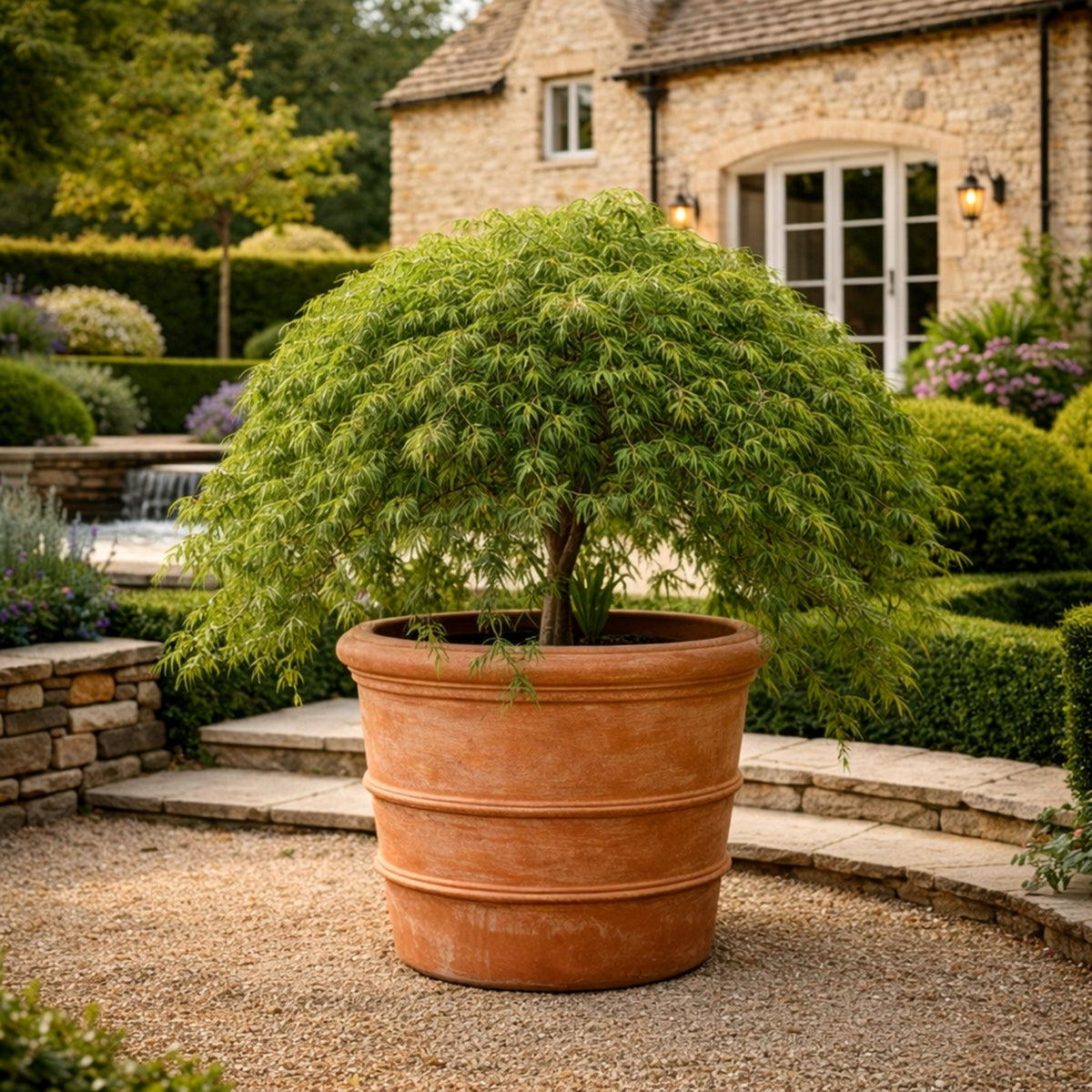 Luxury terracotta planter with weeping Japanese maple in a Cotswolds country house garden – handcrafted premium outdoor garden pot