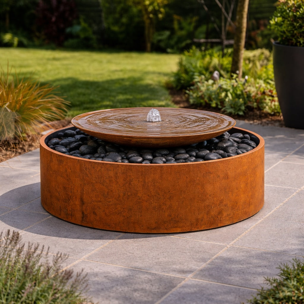 Corten steel bowl bubbling fountain on patio