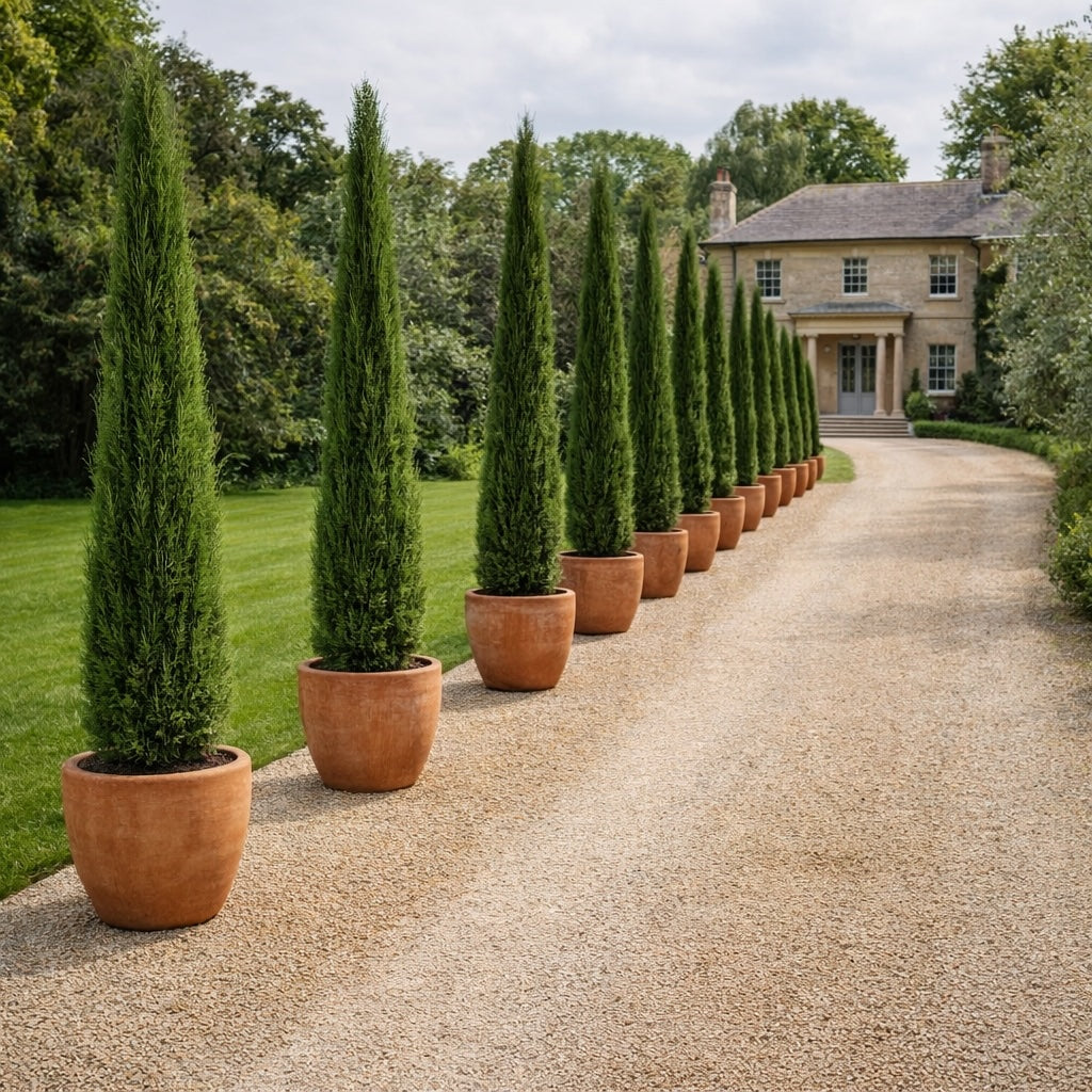 Large terracotta pots with cypress trees lining gravel driveway of English country house