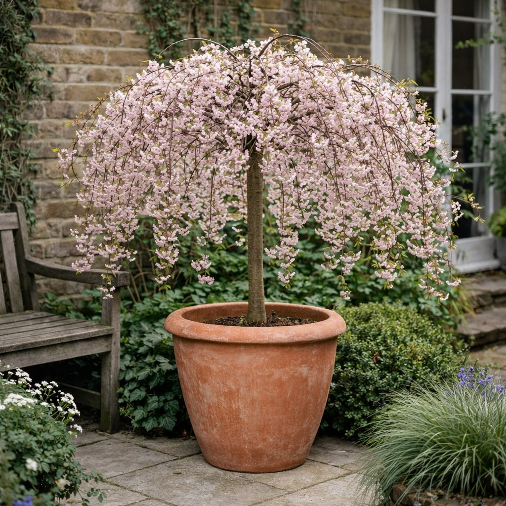 Weeping cherry blossom tree in large terracotta planter in London garden – luxury outdoor plant pot styling for small terrace and courtyard design UK