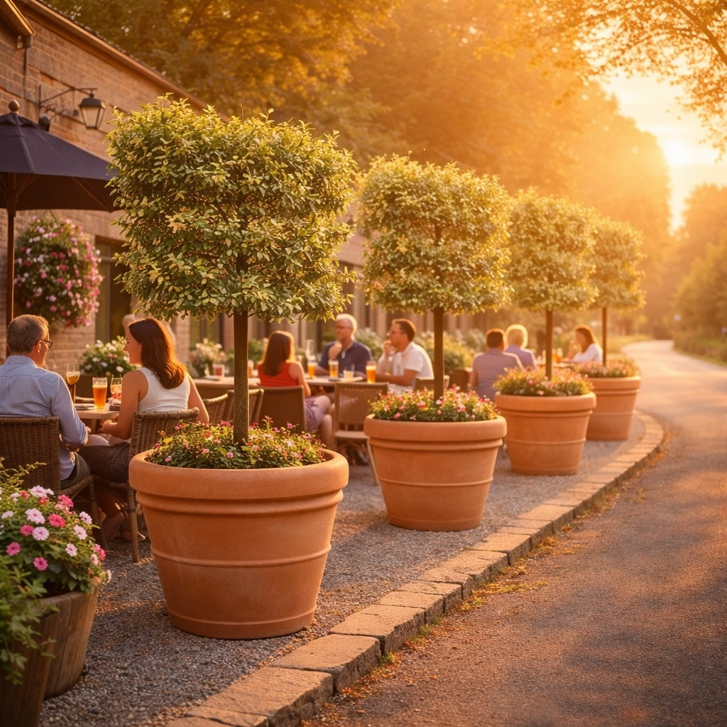 Large terracotta planters used as screening for pub garden and seating area