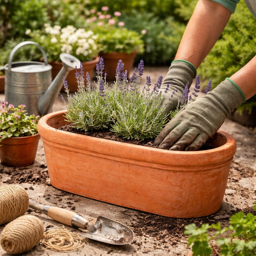 Handcrafted terracotta trough planter with lavender planting on garden patio