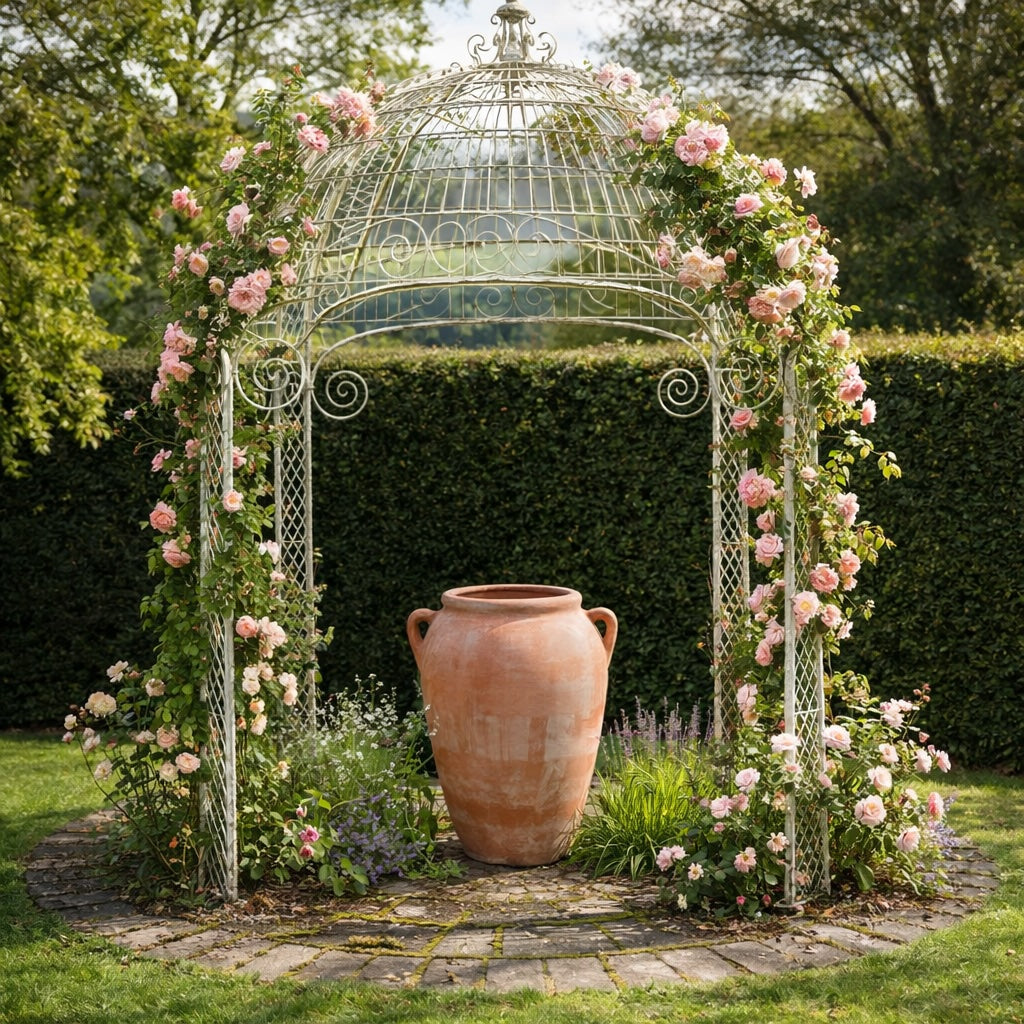 Large terracotta olive jar planter under rose-covered garden pergola in luxury UK garden landscape design