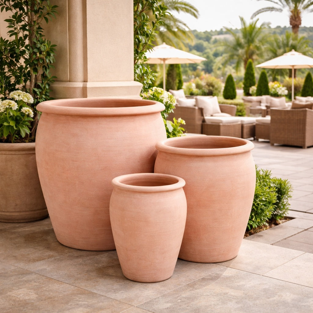 Set of three large terracotta planters on a luxury hotel patio, empty handmade clay pots for outdoor landscaping and garden design