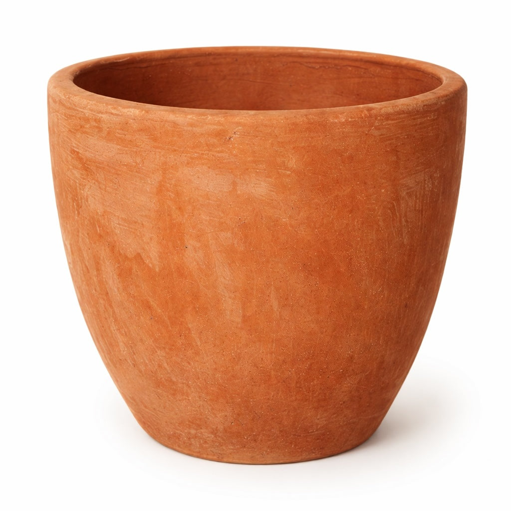 Large handcrafted terracotta pot in rounded egg shape for UK gardens and landscaping