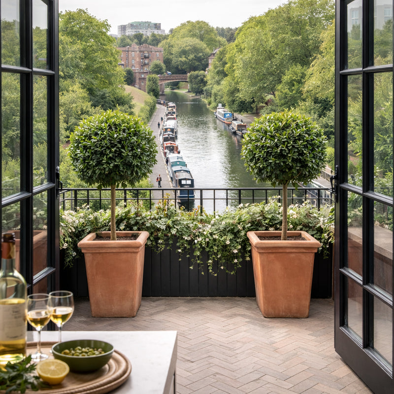 Large tall square terracotta planters UK with bay trees on London balcony overlooking Regent’s Canal