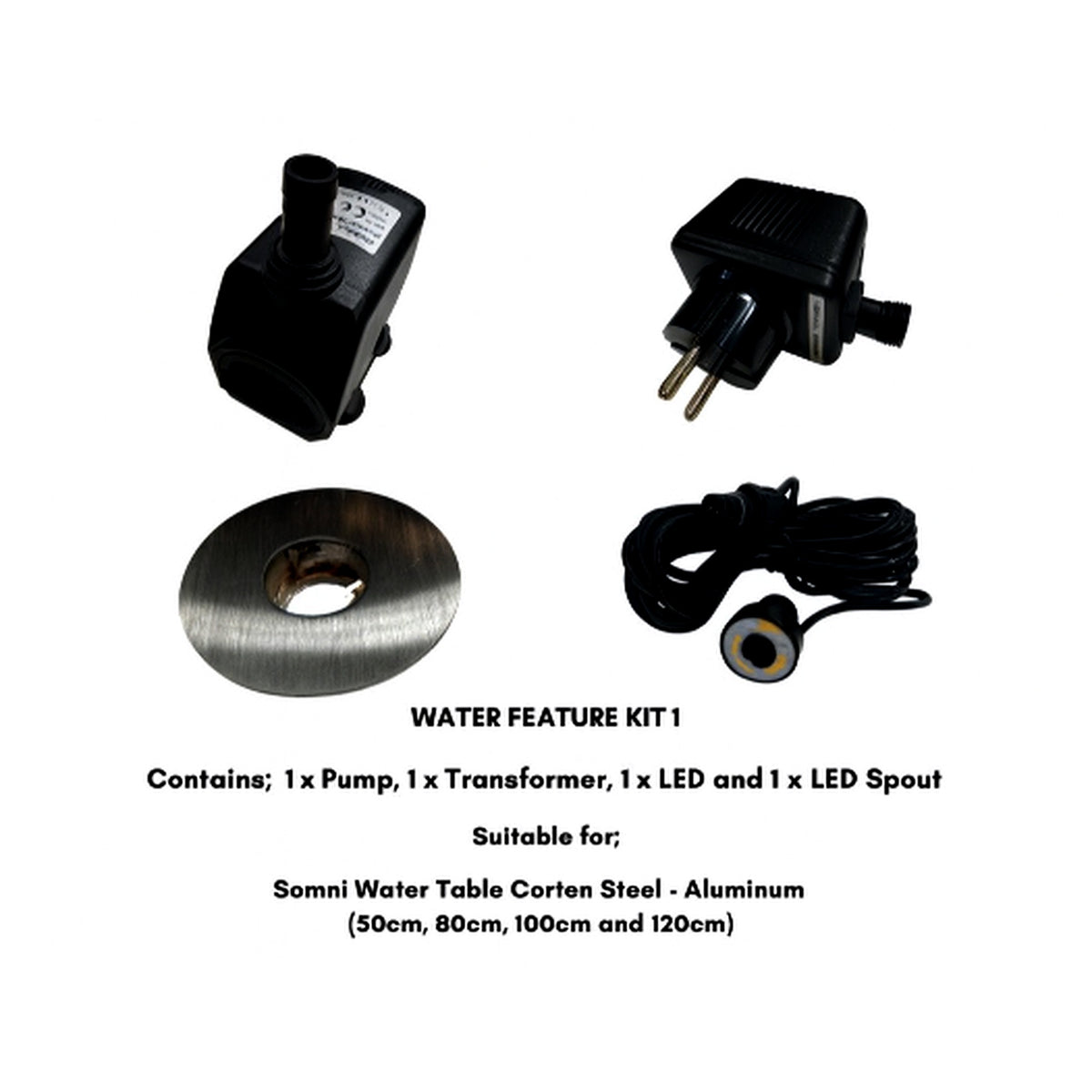 Water feature kit with pump, transformer, LED light and LED spout complete set for corten steel water tables UK