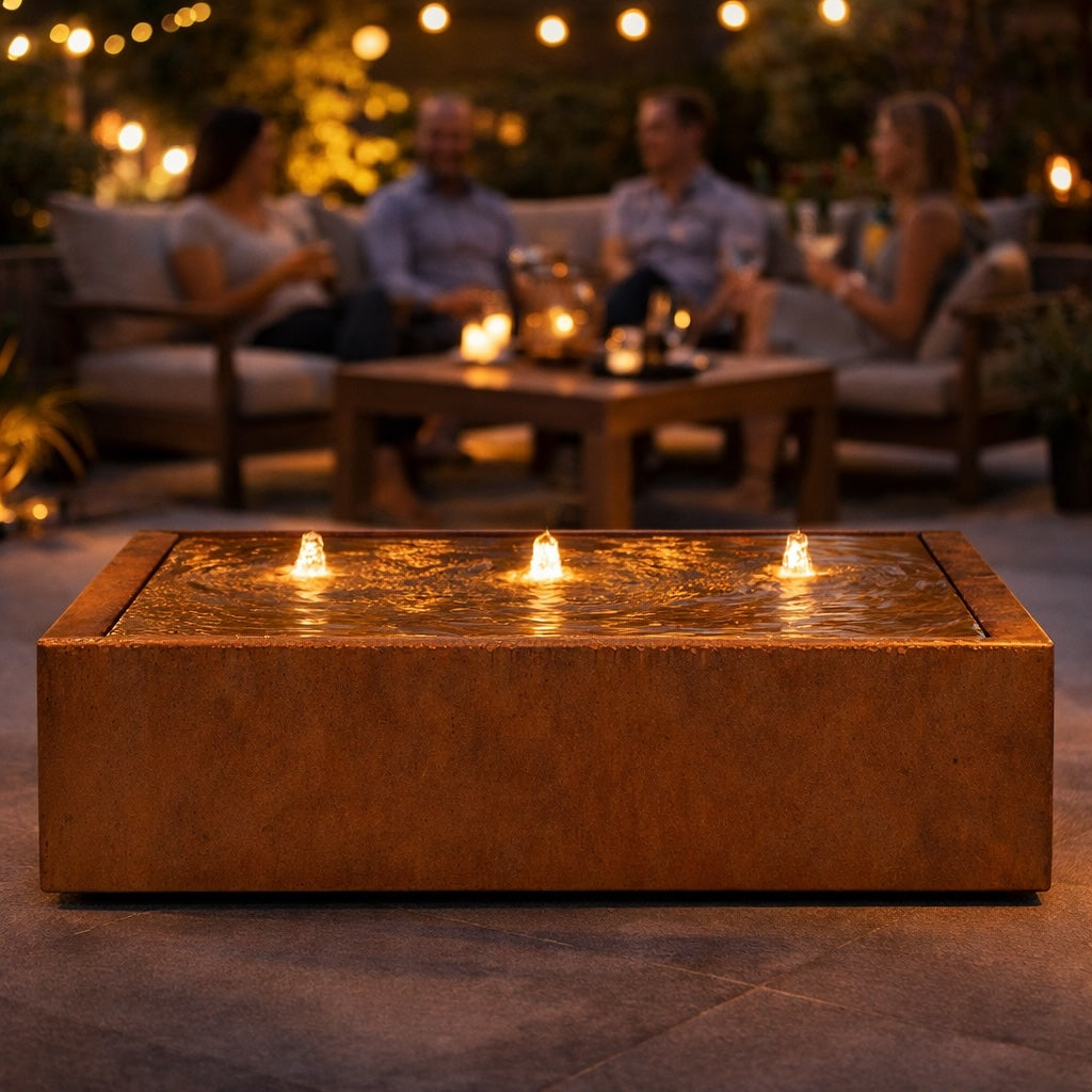 Contemporary Corten steel water fountain with integrated lighting on restaurant terrace – statement outdoor feature for pubs, cafés, hotels and commercial patios